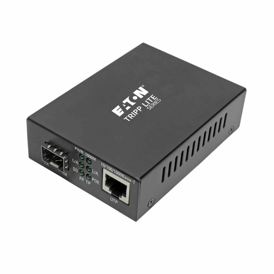 Tripp Lite Gigabit SFP Fiber to Ethernet Media Converter, POE+ - 10/100/1000 Mbps - 1 x Network (RJ-45) - Single-mode - Gigabit Ethernet - 10/100/1000Base-T, 1000Base-X - 1 x Expansion Slots - SFP (mini-GBIC) - 1 x SFP Slots - Power Supply