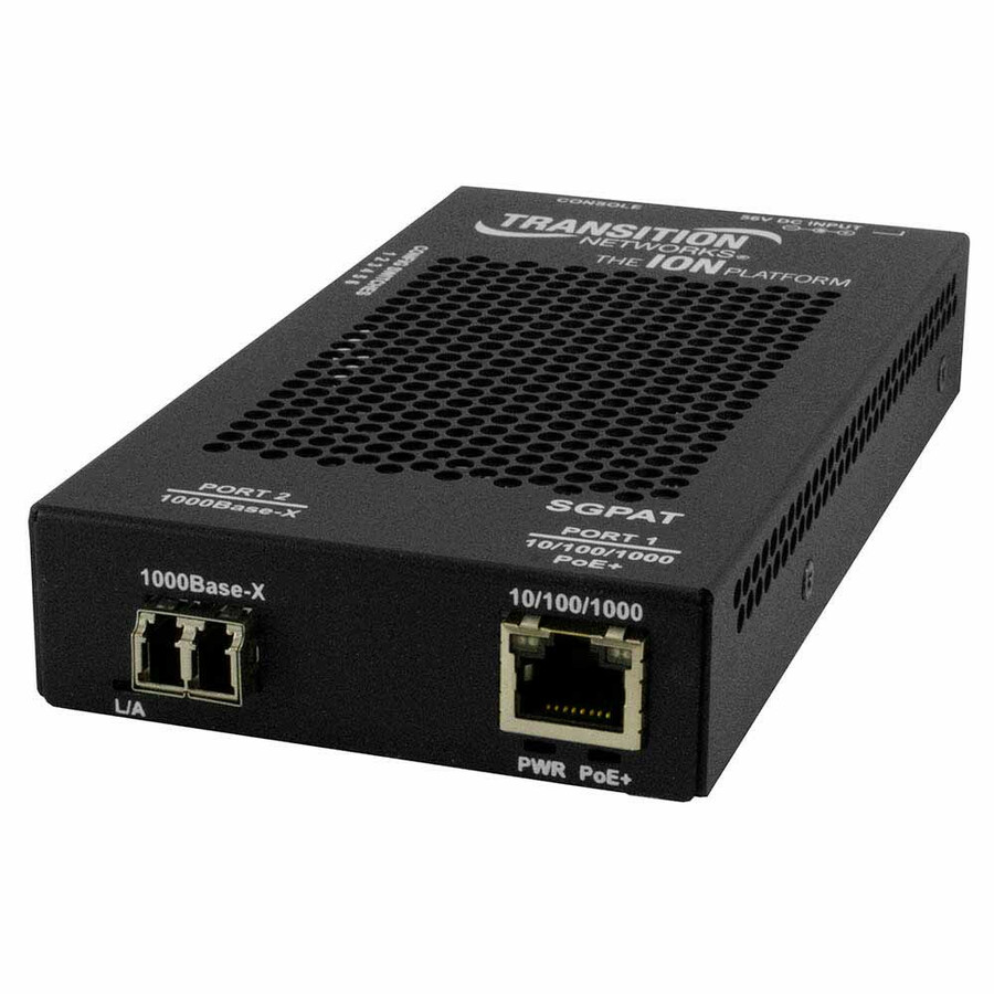 Lantronix SGPAT1039-105-FNA SGPAT Series PoE+ media converter with RJ-45 and LC fiber ports