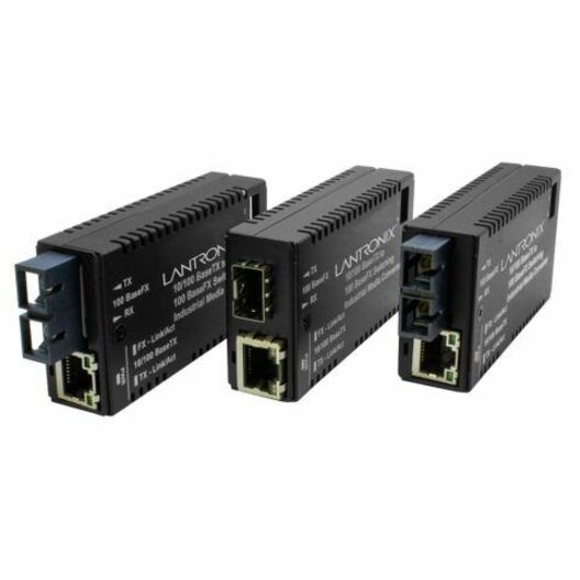 Lantronix M/E-ISW-02 Series hardened Mini Fast Ethernet media converter with RJ-45 and LC fiber interfaces