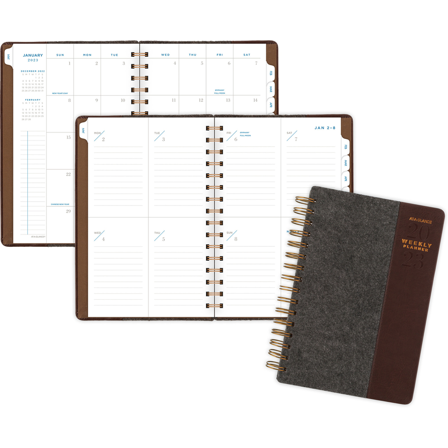 At-A-Glance Signature Weekly/Monthly Planner - Small Size - Weekly, Monthly - 1.1 Year - January 2021 till January - 1 Week, 1 Month Double Page Layout - White Sheet - Twin Wire - Gray - Brown, Gray - 8.5