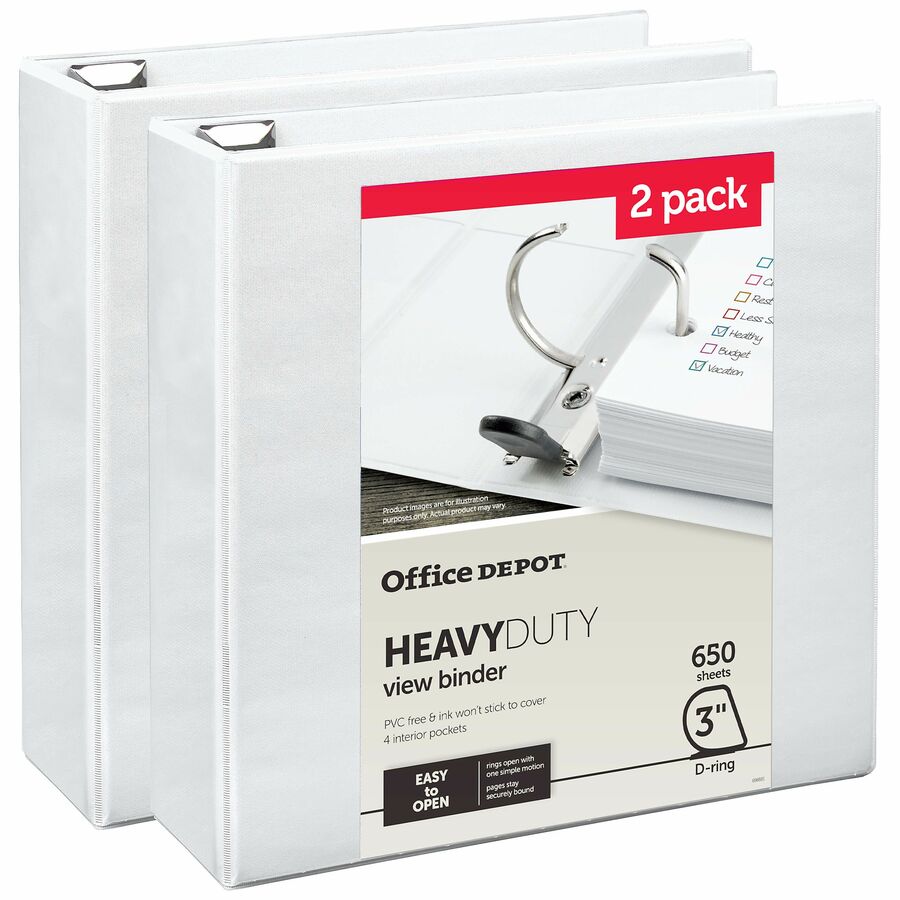 Office Depot; HeavyDuty View 3Ring Binder, 3" DRings, White, 49