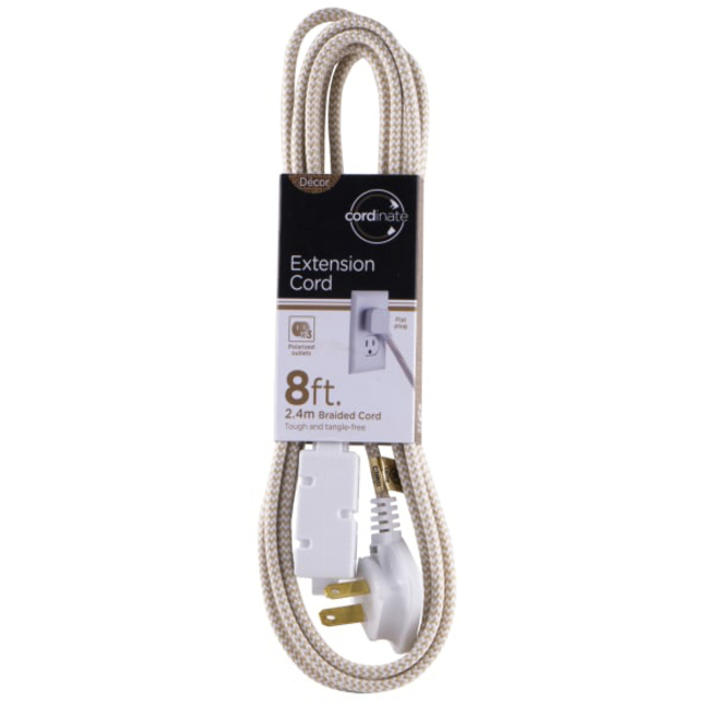 Cordinate Braided 3Outlet Extension Cord, 8', Tan/White Complete Office