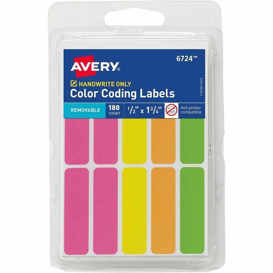 Avery reg; Removable Labels, 1/2 inch x 1-3/4 inch , Neon, 180 Total (6724) - 1/2 inch Height x 1 3/4 inch Width - Removable Adhesive - Rectangle 