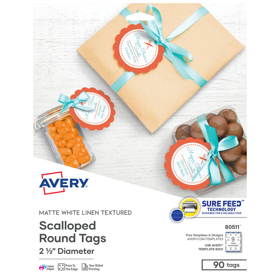 Avery Scallop Round s Textured 2 1 2 Diameter 90 s 2 50 Diameter Round Scallop 90 Pack Card Stock Metal White Reliable Paper