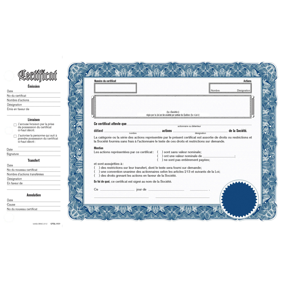 Share Certificate - French