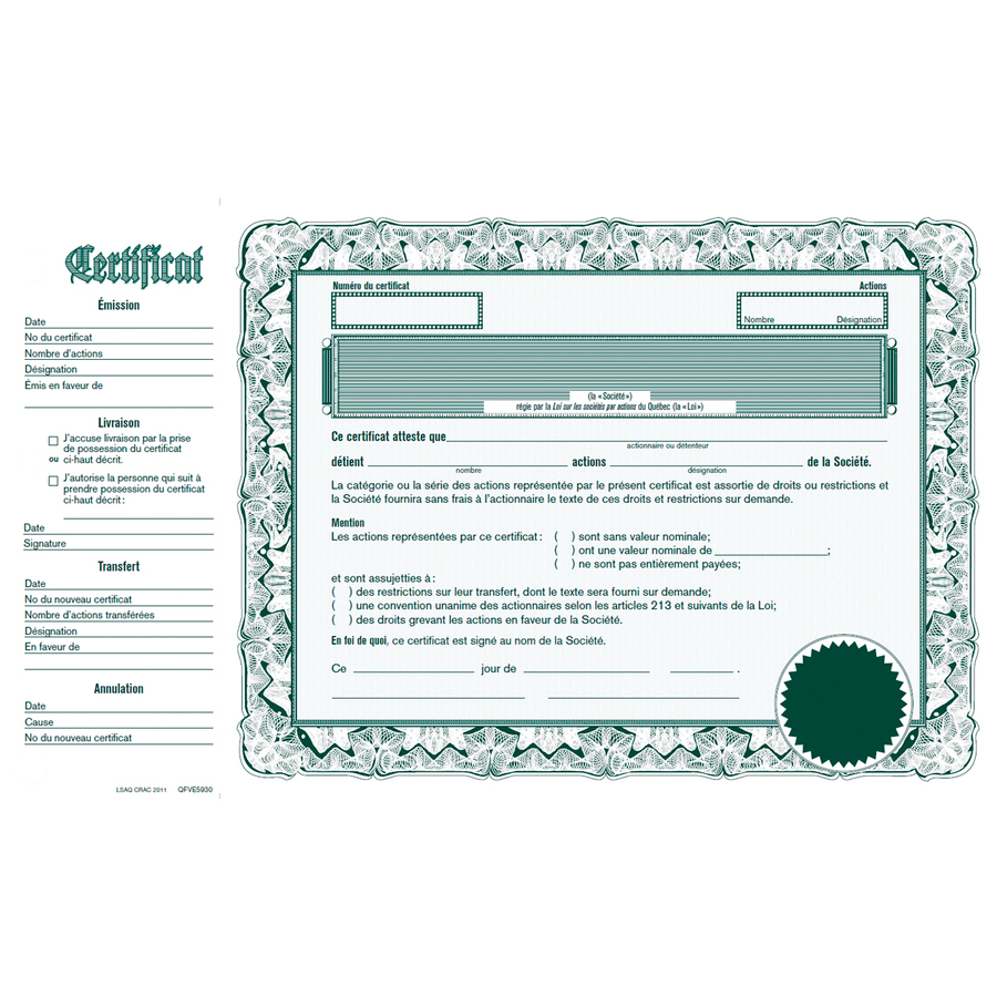 Share Certificate - French