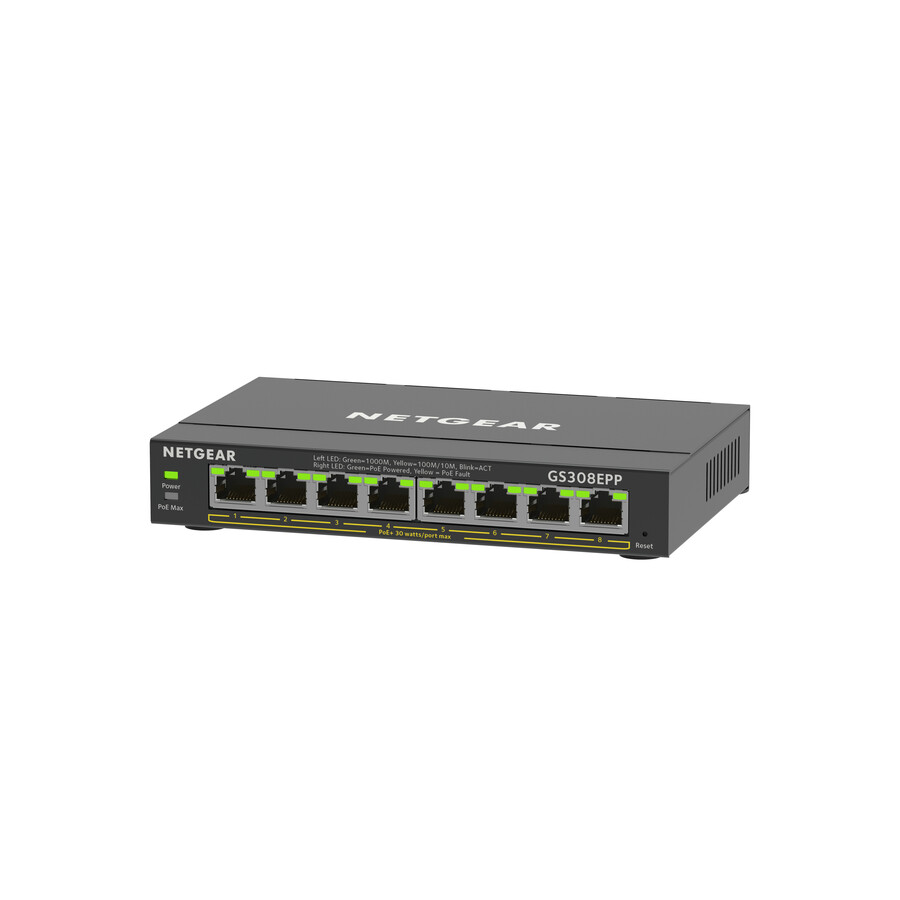 Introducing the NETGEAR GS308EPP PoE+ Gigabit Ethernet Smart Managed Plus Switch with 8 ports PoE+ and a total PoE budget of 12