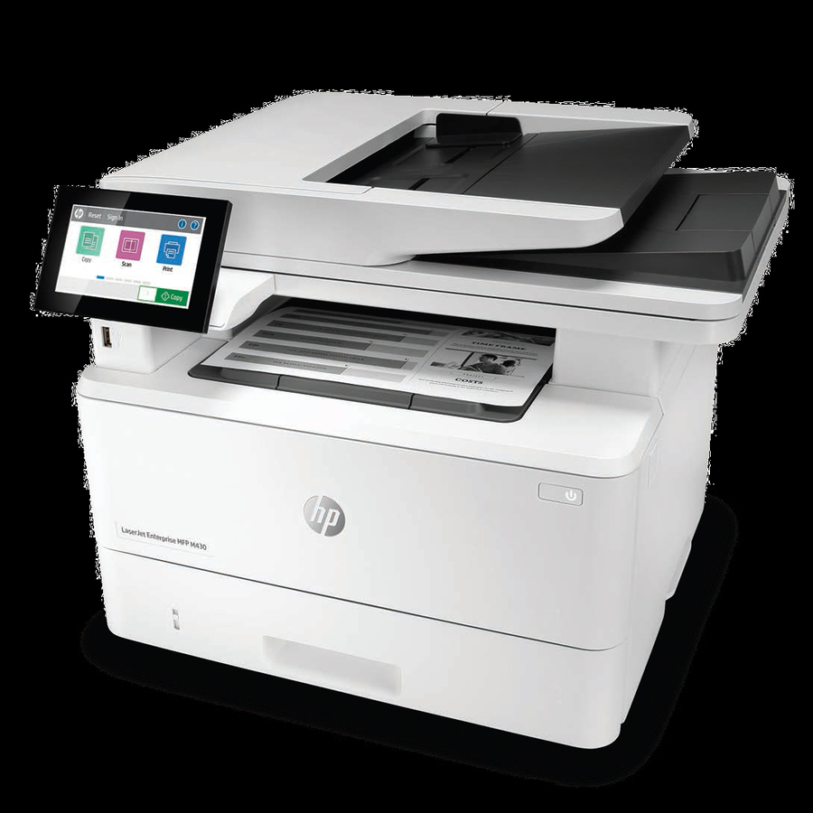 HP LaserJet M430f Laser Multifunction Printer-Monochrome-Copier/Fax/Scanner-42 ppm Mono Print-1200x1200 Print-Automatic Duplex Print-100000 Pages Monthly-350 sheets Input-Color Scanner-600 Optical Scan-Monochrome Fax-Gigabit Ethernet