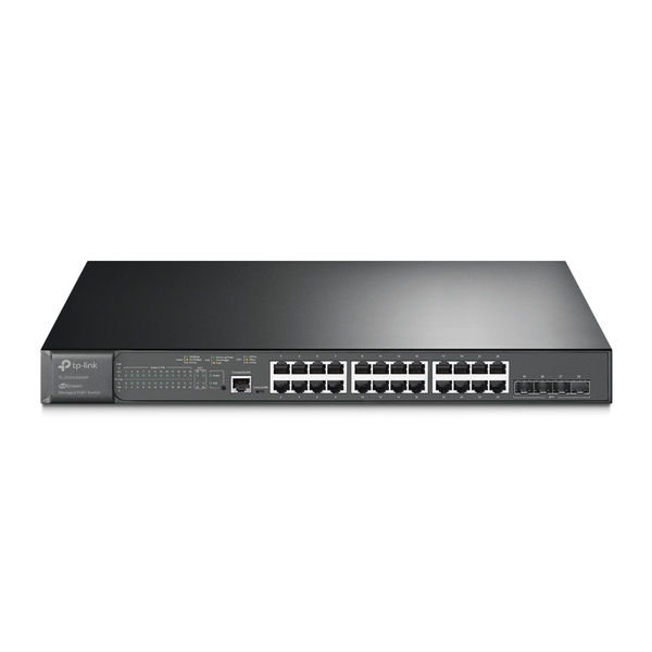 TP-Link (TL-SG3428XMP) JetStream 24-Port Gigabit and 4-Port 10GE SFP+ L2+ Managed Switch with 24-Port PoE+. 24× 10/100/1000 Mbps RJ45 Ports, 4× 10G SFP+ Slots, 1× RJ45 Console Port and 1× Micro-USB Console Port. 384 W PoE Budget. Omada Centralized Cloud Management. IP-MAC-Port Binding, ACL, Port Security, DoS Defend, Storm control, DHCP Snooping, 802.1X and Radius Authentication. L2/L3/L4 QoS and IGMP snooping.