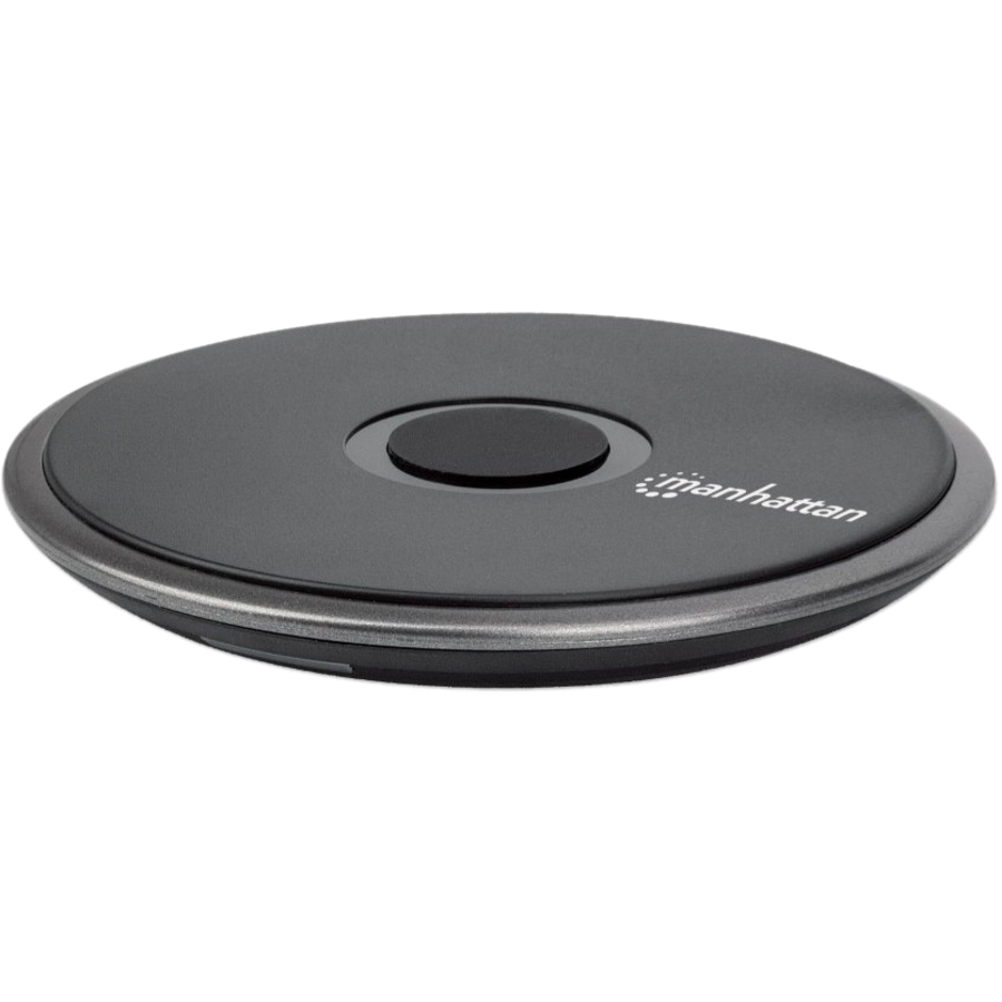 Manhattan Smartphone Wireless Charging Pad, QI certified, 10W, 7.5W and 5W charging, USB-C to USB-A cable included, USB-C input into pad, Cable 1.5m, Black, Three Year Warranty, Boxed