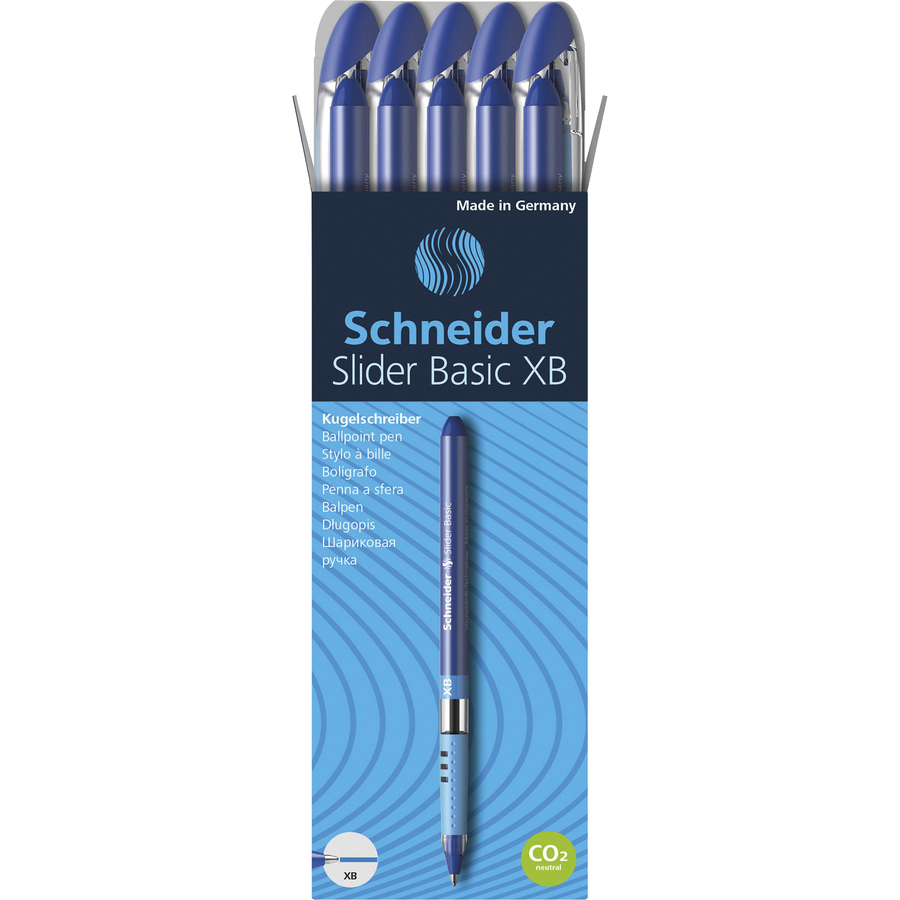 Schneider Slider Basic XB Ballpoint Pen - Extra Broad Pen Point  mm  Pen Point Size - Blue - Blue Rubberized, Transparent, Silver Barrel -  Stainless Steel Tip - 10 / Pack - Filo CleanTech