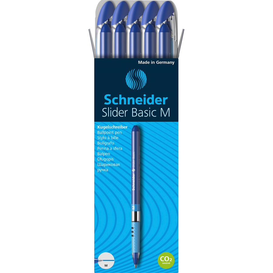 RED151103 - Schneider Slider Basic Medium Ballpoint Pen - Medium Pen Point  - 1 mm Pen Point Size - Blue - Transparent Rubberized, Blue Barrel -  Stainless Steel Tip - 10 / Pack - Office Supply Hut