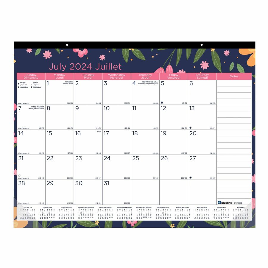 Blueline Blossom Academic 18-Month Desk Pad Calendar 22" x 17" , Bilingual