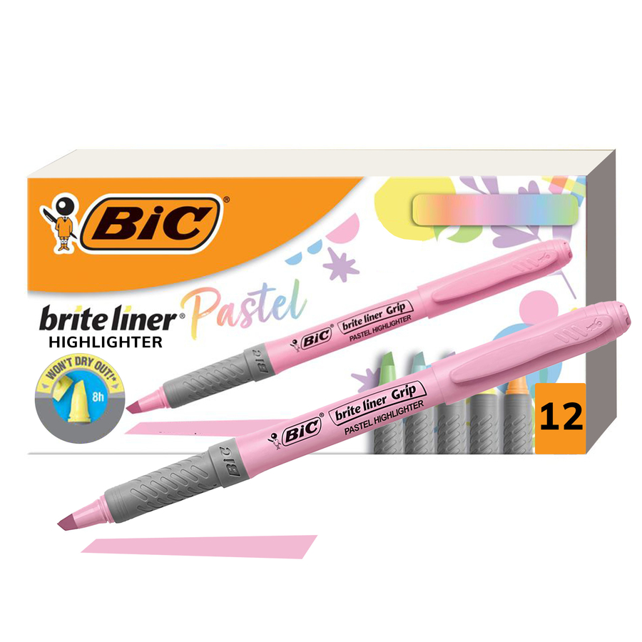 BIC Brite Liner Grip Highlighters, Assorted, 12 Pack  mm Marker Point  Size - Chisel Marker Point Style - Assorted, Pastel Yellow, Pastel Pink,  Pastel Blue, Pastel Green, Pastel Purple, Pastel Orange - 12 Pack - Filo  CleanTech