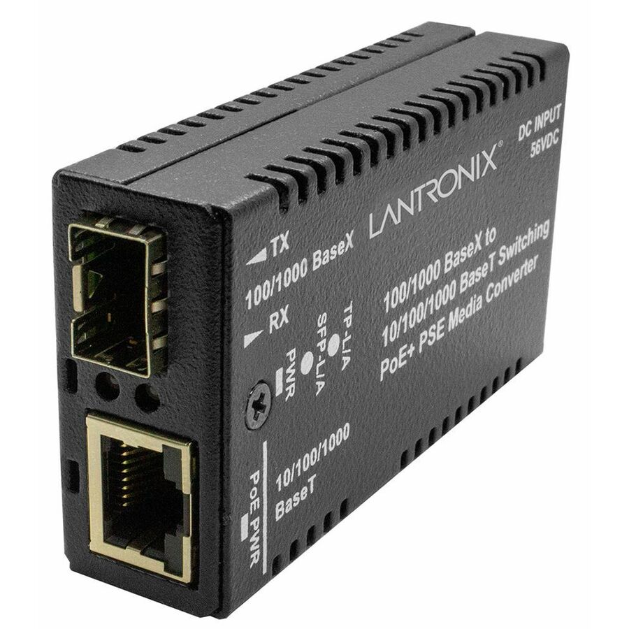Lantronix M/GE-PSW-PSE-01-NA mini Gigabit PoE+ media converter with RJ-45 port and SFP slot