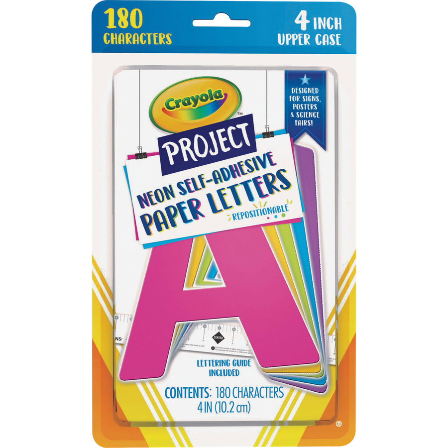 Crayola Self-adhesive Paper Letters - Self-adhesive - 4 Height - Assorted Neon  - Paper - 180 / Pack