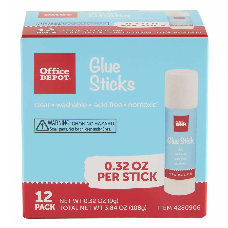Office Depot® Brand Glue Sticks, 0.32 Oz, Clear, Pack Of 12 Glue Sticks Glue Office Depot