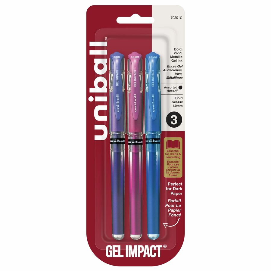uniball™ - Stylos à encre gel m&eacute;tallis&eacute;e Impact 1,0 mm bleu, violet et rose, 3/pqt