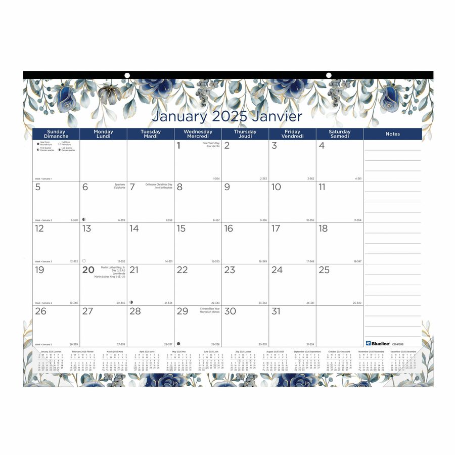 Blueline Floral Monthly Desk Pad Calendar 22" x 17" , Bilingual