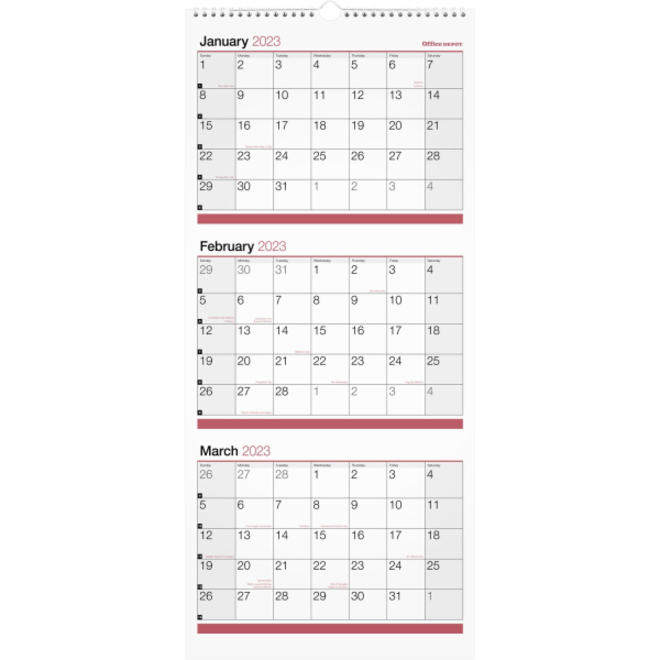 Office Depot 3Month Monthly Wall Calendar, 12" x 27" , White, January