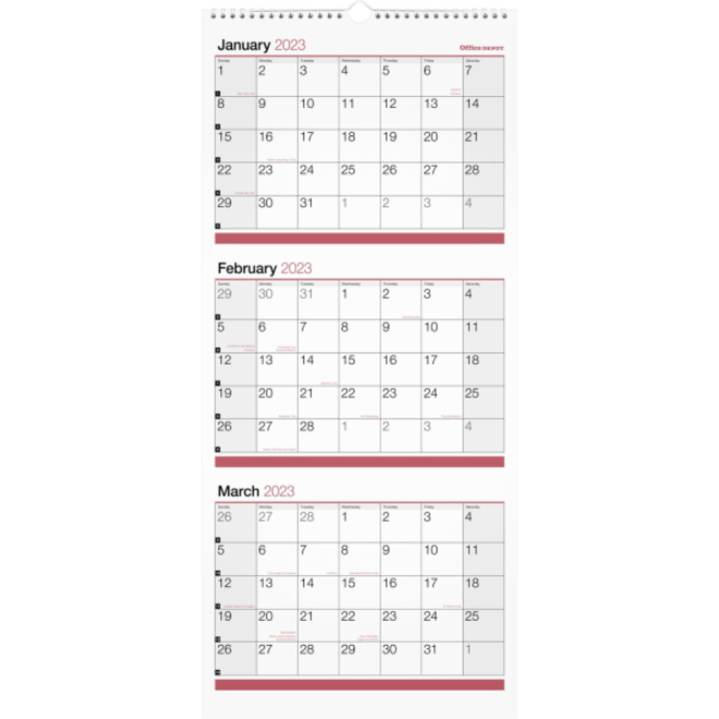 Office Depot 3 Month Monthly Wall Calendar 12 X 27 White January 