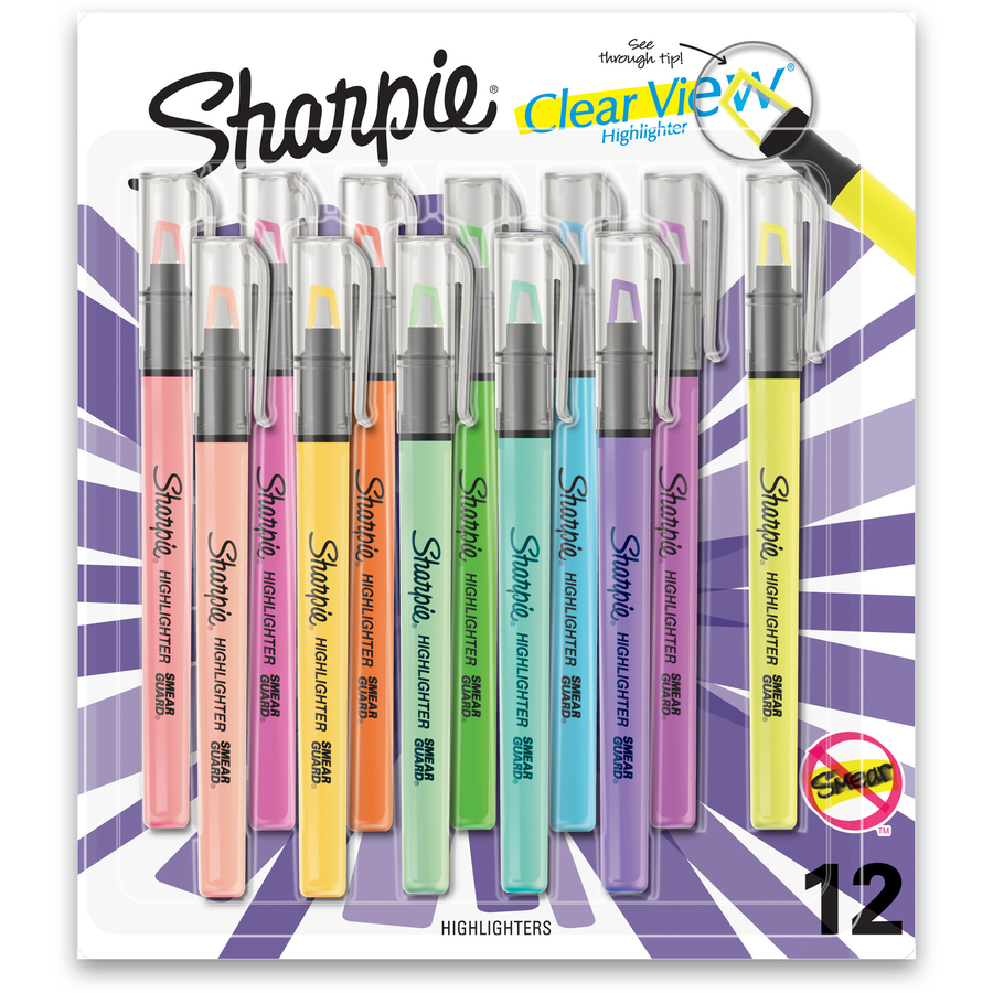 Sharpie Clear View Highlighter - Fine Marker - Chisel Marker Point Style - Assorted - Barrel - 12 / - Office Supplies