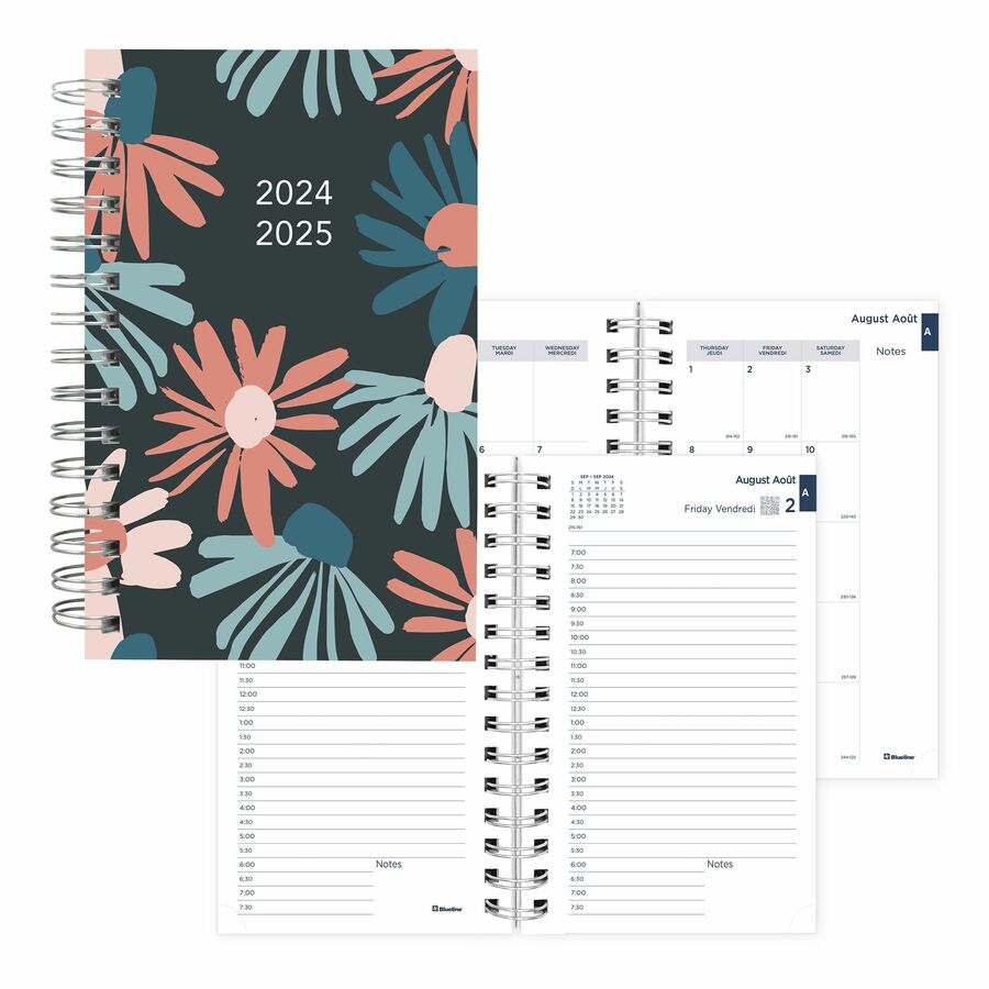 Blueline Blossom Academic 12-Month Daily Planner, 8" x 5" , English, Navy