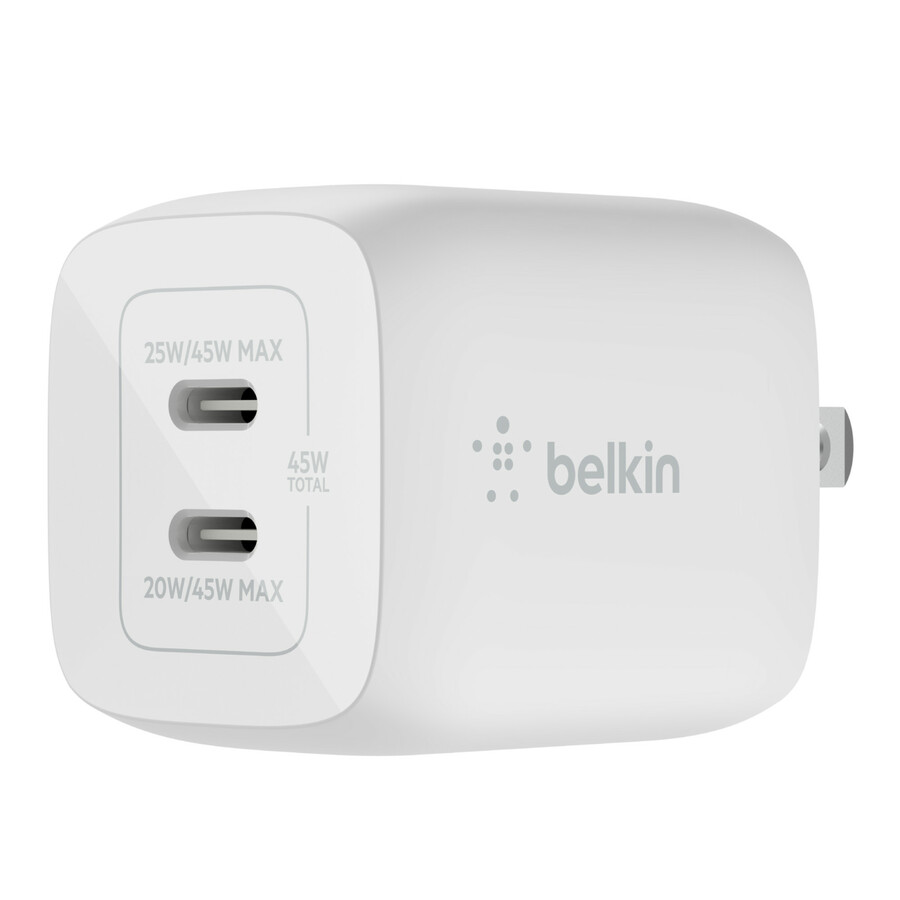 Belkin BoostCharge Pro Dual USB-C GaN Wall Charger with PPS 45W Laptop Chromebook Charging - Power Adapter
