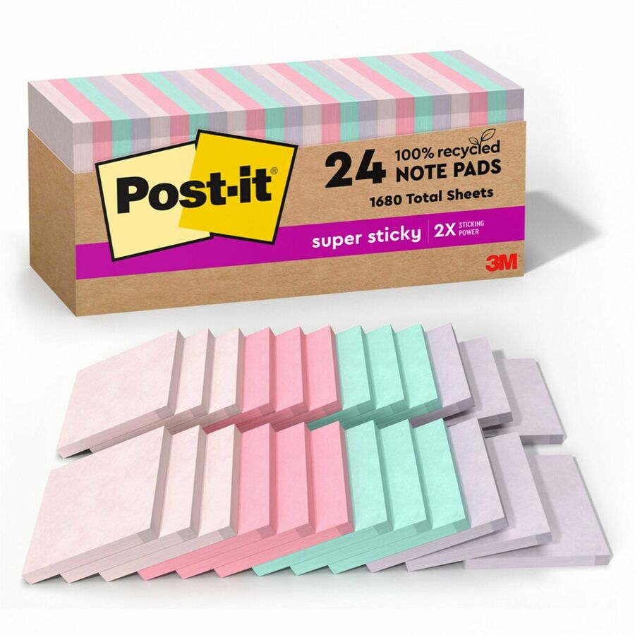 Post-it 100% Recycled Paper Super Sticky Notes, 3 x 3, Wanderlust Pastels, 70 Sheets/Pad, 24 Pads/Pack