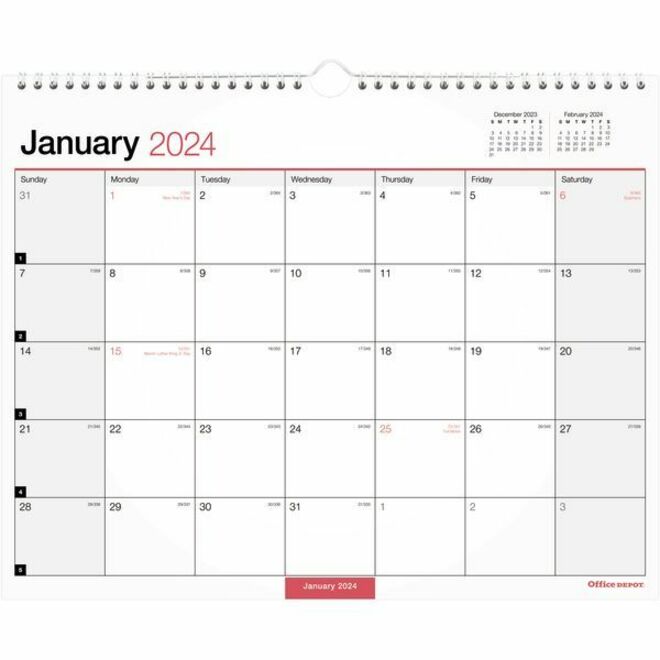 Office Depot Monthly Wall Calendar, 15" x 12" , White, January to