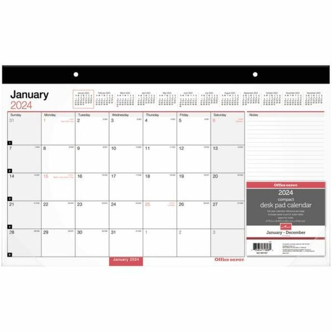 Office Depot Monthly Desk Pad Calendar, 173/4" x 11" , White, January