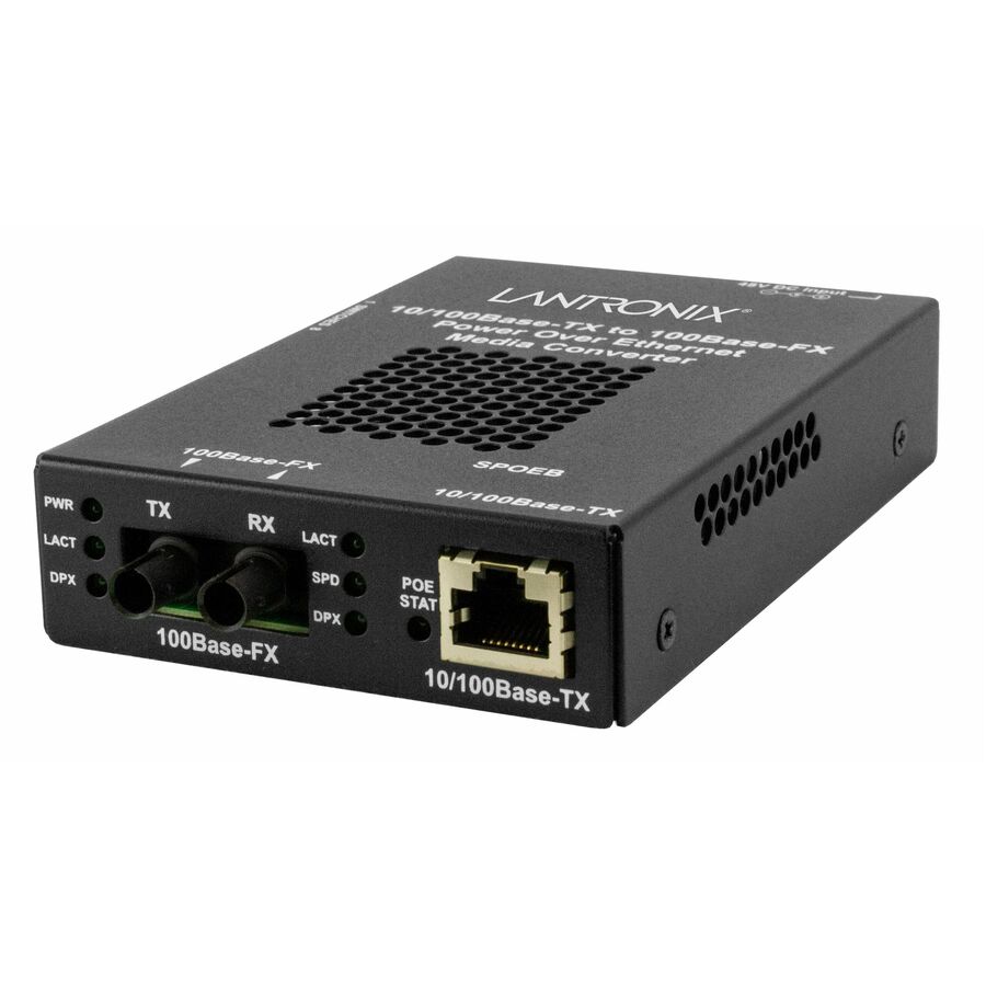 Lantronix SPOEB Series SPOEB1011-105 media converter with RJ-45 PoE and ST multimode fiber ports