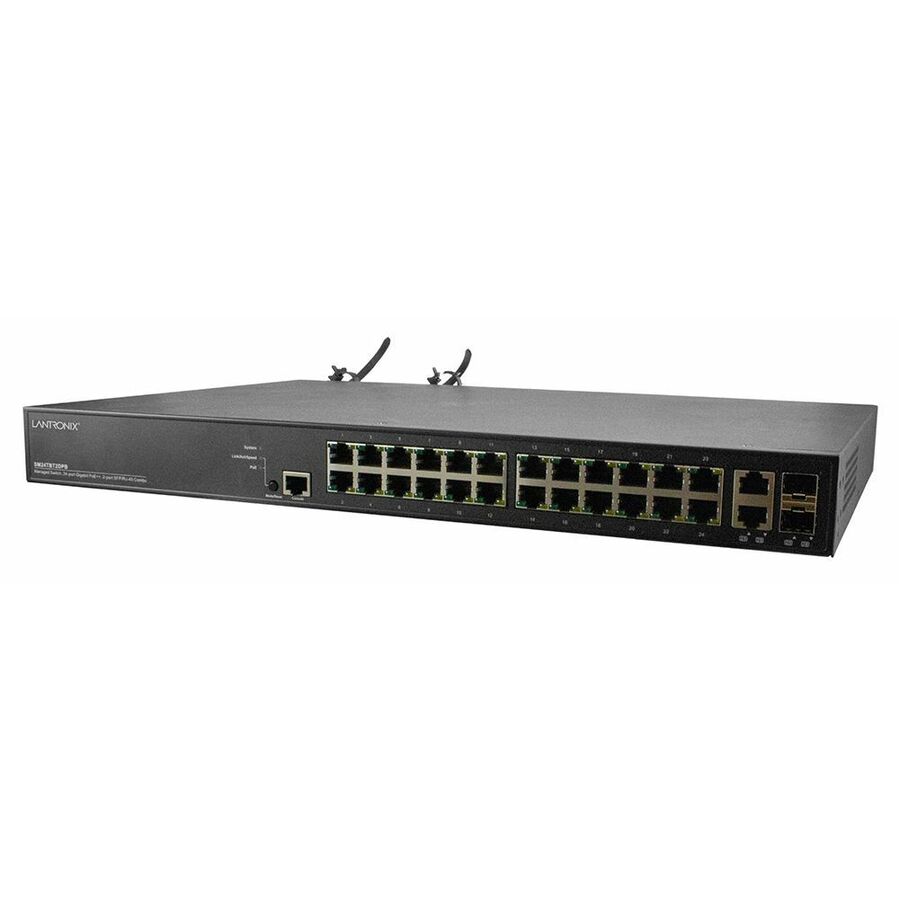 Lantronix SM24TBT2DPB-SA managed PoE++ switch with 24 RJ-45 ports and 2 SFP/RJ-45 combo ports