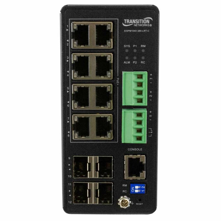 Lantronix SISPM1040-384-LRT-C managed hardened PoE+ switch with 8 PoE+ ports and 4 SFP slots