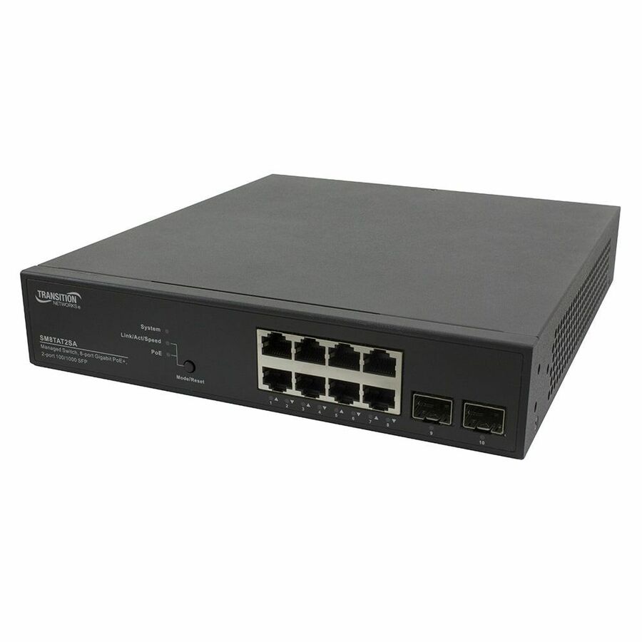 Lantronix SM8TAT2SA smart managed Gigabit Ethernet PoE+ switch with 8 RJ-45 ports and 2 SFP slots