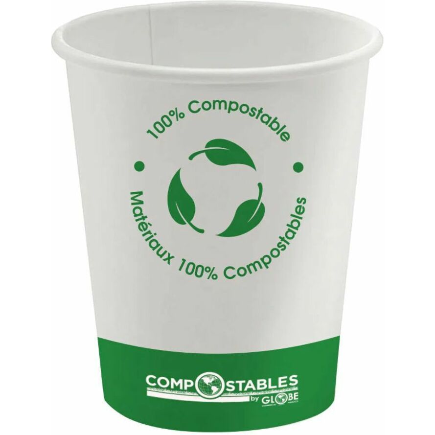 Globe Single Wall Hot/Cold Compostable Paper Cups - 10 Oz / White