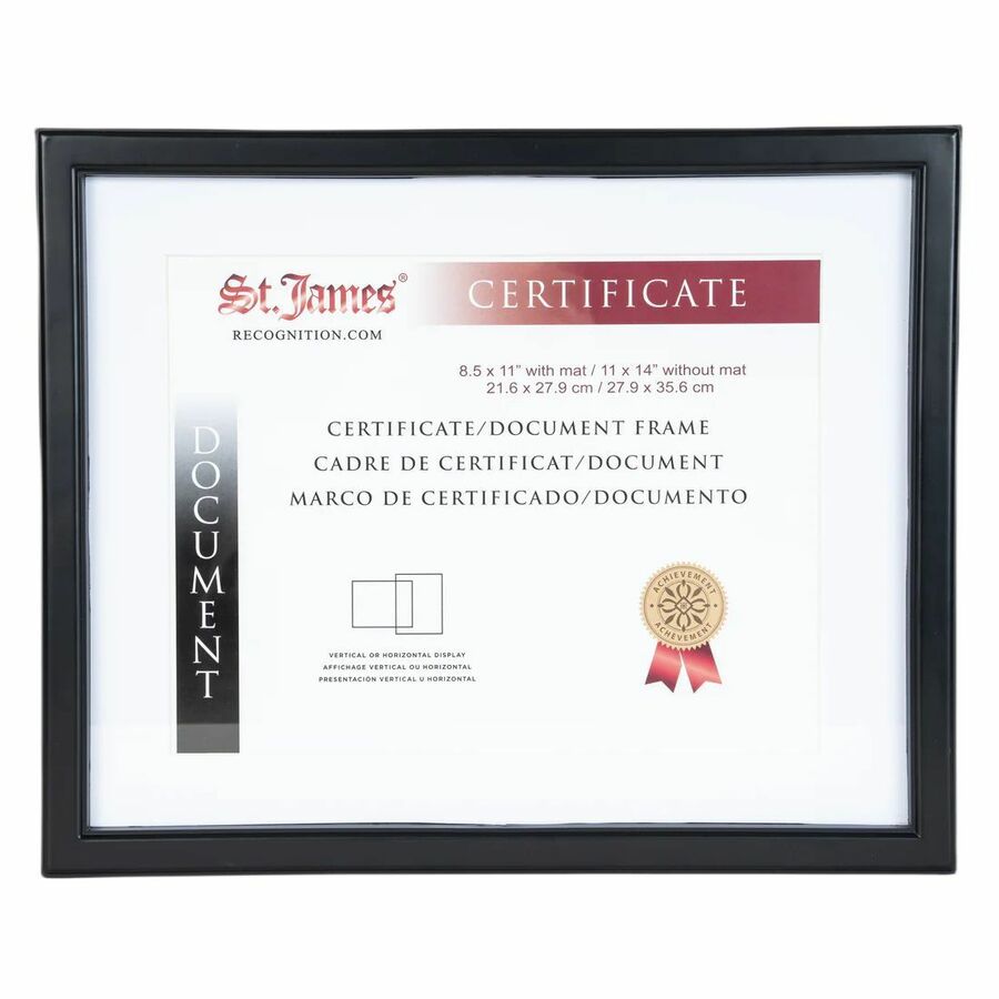 St. James&reg; Certificate/Document/Diploma Frame, 8.5x11" with Mat or 11x14"without Mat, Black