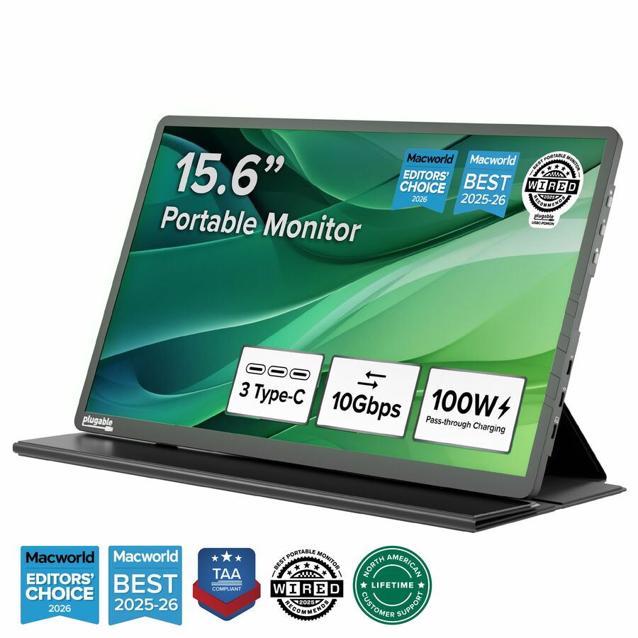 Plugable USB C Portable Monitor 15.6 Inch, 100W Pass-Through Charging ...