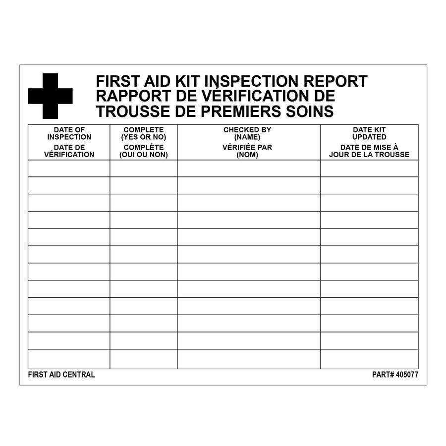 First Aid Central - Fiches de rapport d'inspection des trousses de premiers soins First Aid Central