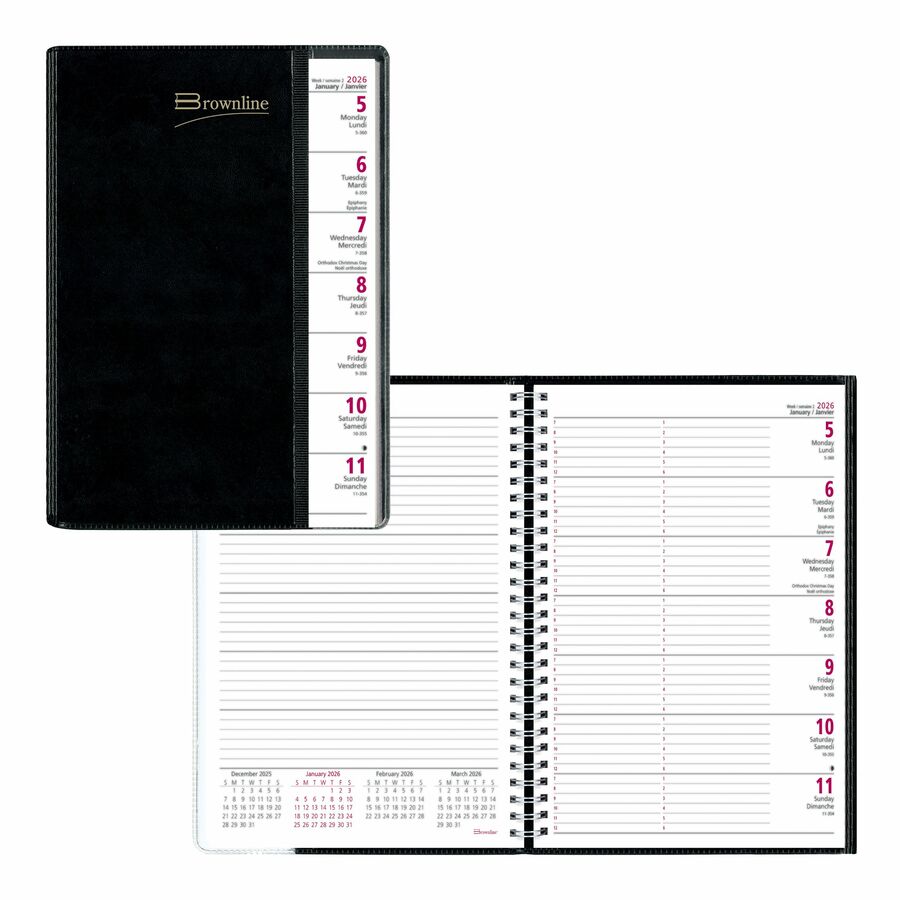 Brownline 2026 Pre-Vu 12-Month Weekly Planner - January to December - 8-1/2" x 6-3/4" - Black - Bilingual