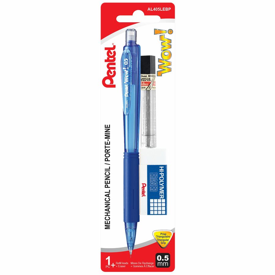 Pentel Wow! Mechanical Pencil, Writing, Drawing, School Supply, Pre-loaded with Lead, 0.5mm Fine Point, AL405LEBP, Back to School Set - 1 Pencil, Refill Lead Tube with 12 Leads and Eraser