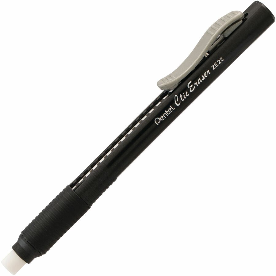 Pentel Clic Retractable Long Lasting White Eraser, Pen Shaped Black Barrel with Pocket Clip