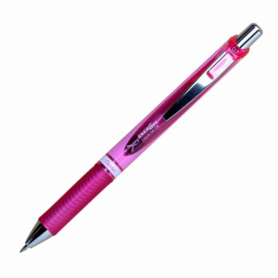 Pentel EnerGel Retractable Gel Roller, (0.7mm) Metal Tip, Pink Ribbon Barrel, Black Ink