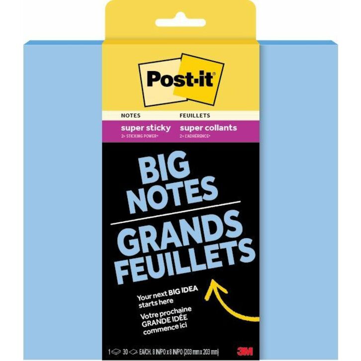Post-it&reg; - Bloc-notes adh&eacute;sif grand format 8 po x 8 po - Bleu d&eacute;lav&eacute;, 30 feuilles/bloc