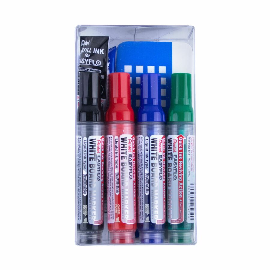 Pentel Easyflo White Board Marker with Board Eraser Set - Chisel Point (1.3/5.2mm)