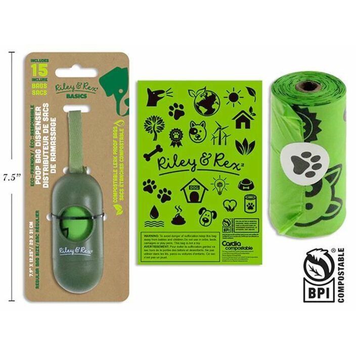 Riley & Rex Carton of 12 4in x 1.5in Capsule Poop Bag Dispenser w/15 Compostable Bags. T.o.c