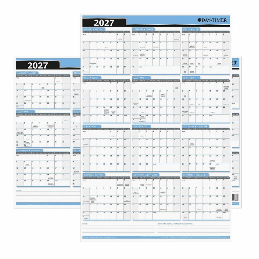 Day-Timer - Planificateur mural flexible effa&ccedil;able vertical/horizontal 2027 - 23 7/8 po H x 36 po l - bleu - bilingue