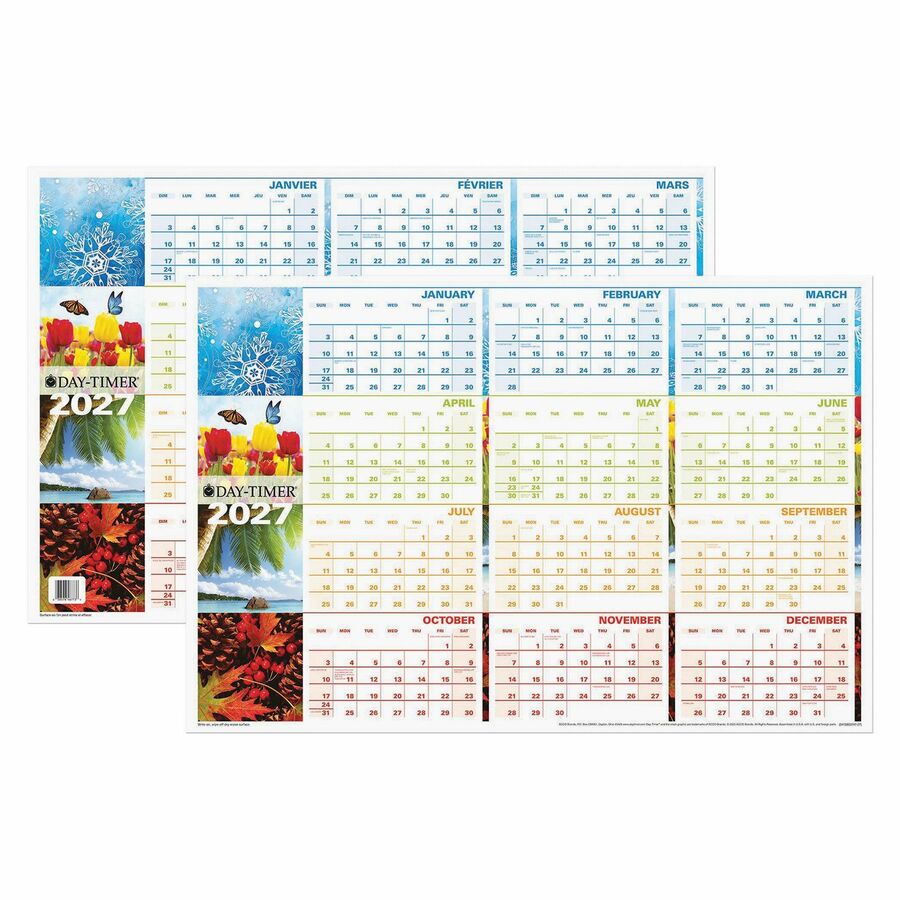 Day-Timer - Planificateur mural flexible effa&ccedil;able horizontal saisonnier 2027 - 23 7/8 po H x 36 po l - multicolore - bilingue