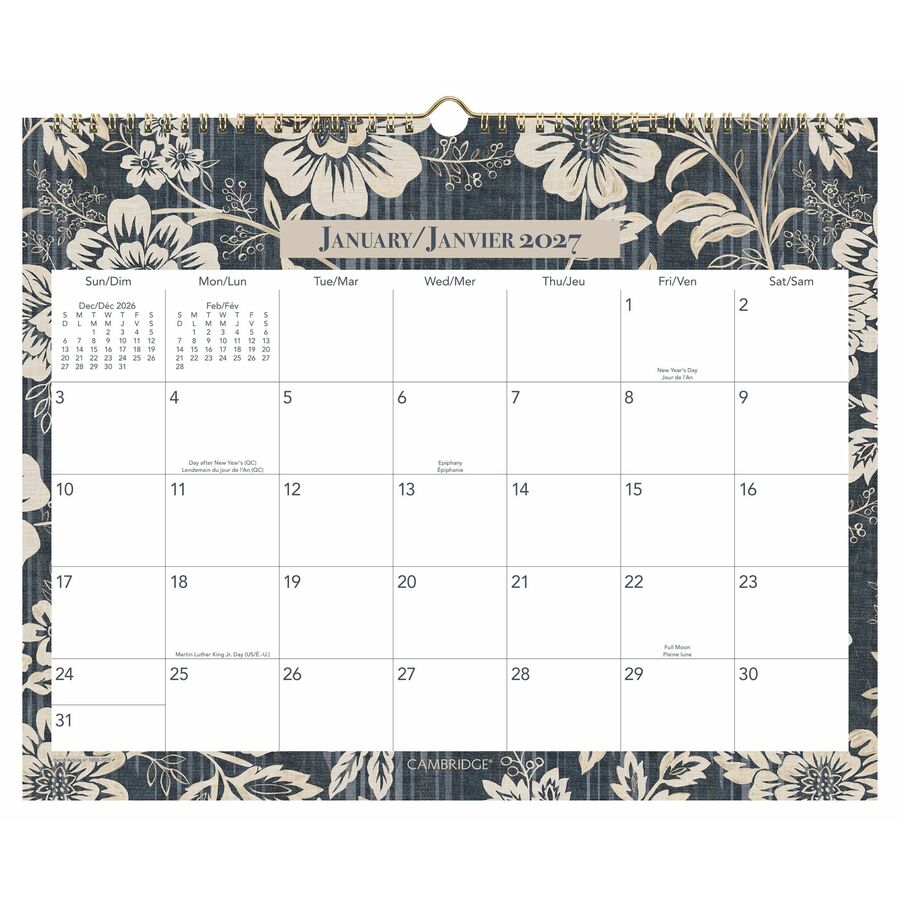 Cambridge Denim Blooms Wall Calendar 12" x 15" Blue and White Floral