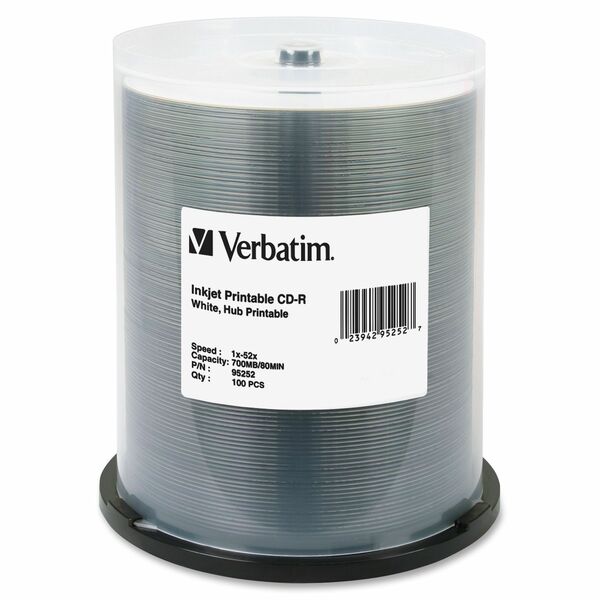 Verbatim CD-R 700MB 52X White Inkjet Printable, Hub Printable - 100pk Spindle